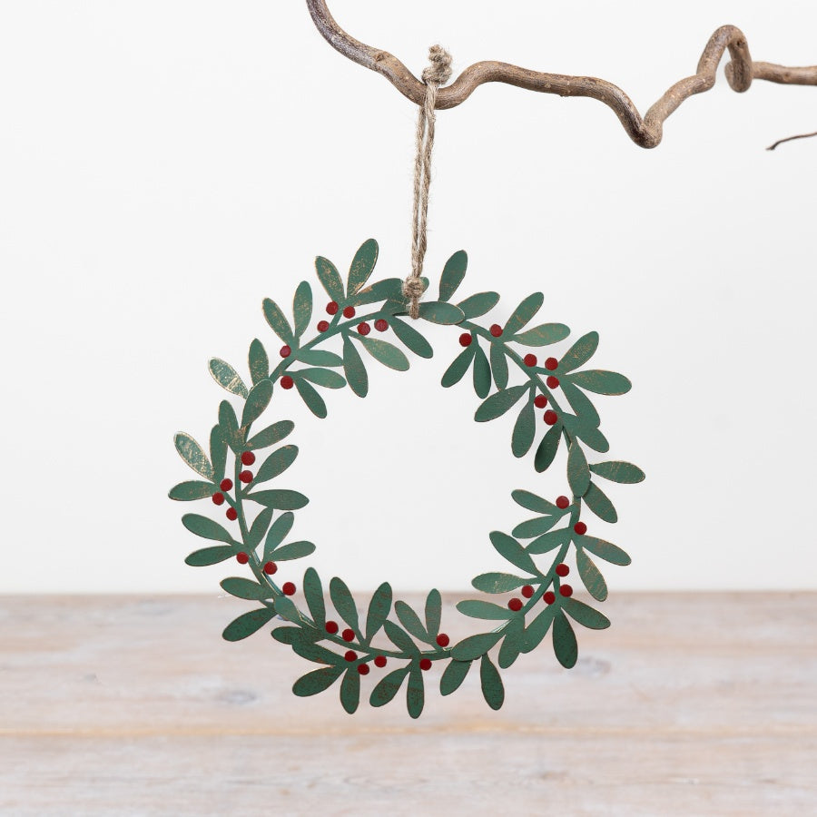 Metal Wreath Hanger with Red Berries Green Metal Wreath Holder Christmas Door Décor Festive Display 16x16cm Item #79573