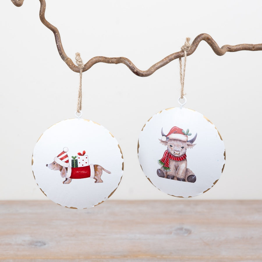 Animal Christmas Hangers Metal Hanging Decorations Dachshund Highland Cow Christmas Ornaments 2 Assorted 10x2cm Item #79585