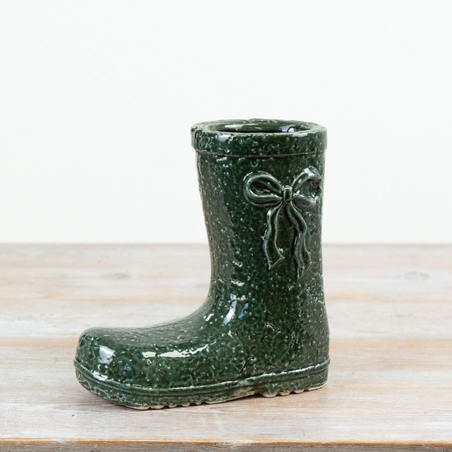 Green Ceramic Welly Boot Vase Embossed Bow Decoration Country Style Floral Display Home Décor 20.5cm Item #80261