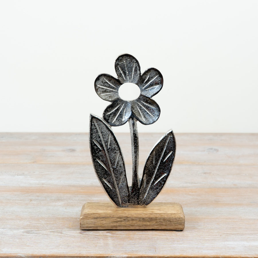 Aluminium & Wood Flower Ornament 22cm – Modern Decorative Floral Sculpture, Elegant Home Accent for Shelf or Desk