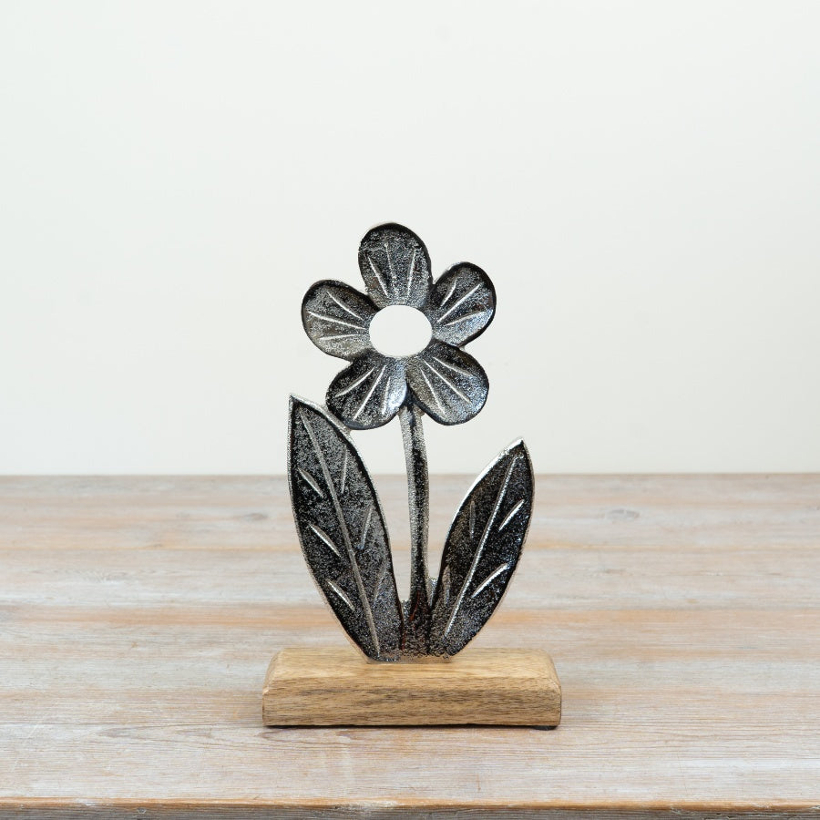 Aluminium & Wood Flower Ornament 14cm – Modern Decorative Floral Sculpture, Elegant Home Accent for Shelf or Desk