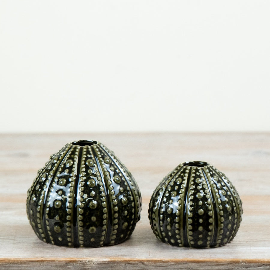 Sea Urchin Dark Green Vase Coastal Decorative Flower Vase Textured Ocean Inspired Home Décor 11.5cm