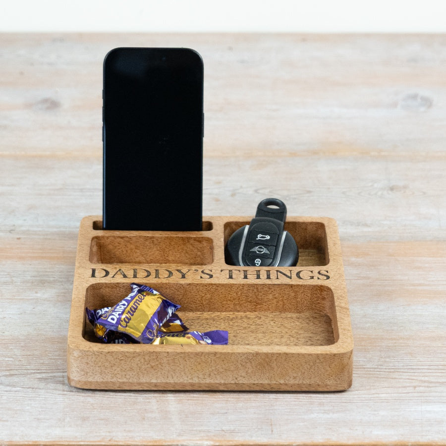 Daddys Things Wooden Organiser Tray 19cm – Mango Wood Storage Dish for Keys Watch and Essentials Fathers Day Gift
