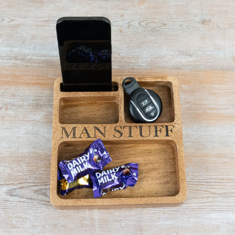 Wooden “Man’s Stuff” Tray 19cm – Phone & Keys Organiser, Dad Gift Storage Dish for Desk or Entryway
