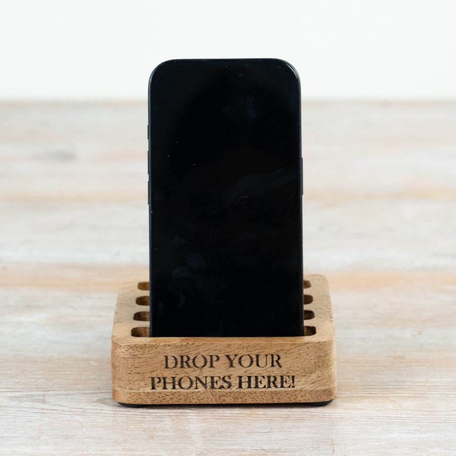 Wooden “Drop Your Phones Here” Stand 10.5cm – Mobile Holder Dock, Desk Organiser for Home Office & Workspace