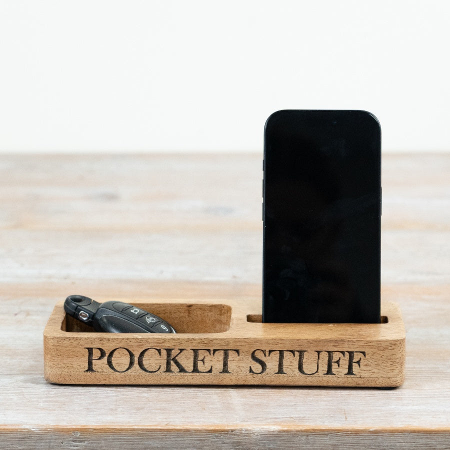Pocket Stuff Wooden Phone Stand 21.5cm – Mens Desk Organiser Dock Storage for Keys Wallet and Accessories Gift for Dad