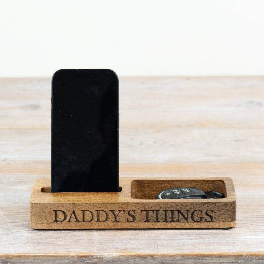 Wooden Dad Phone Stand with Storage 21.5cm – Father’s Day Gift, Desk Organiser Dock for Mobile, Keys & Essentials