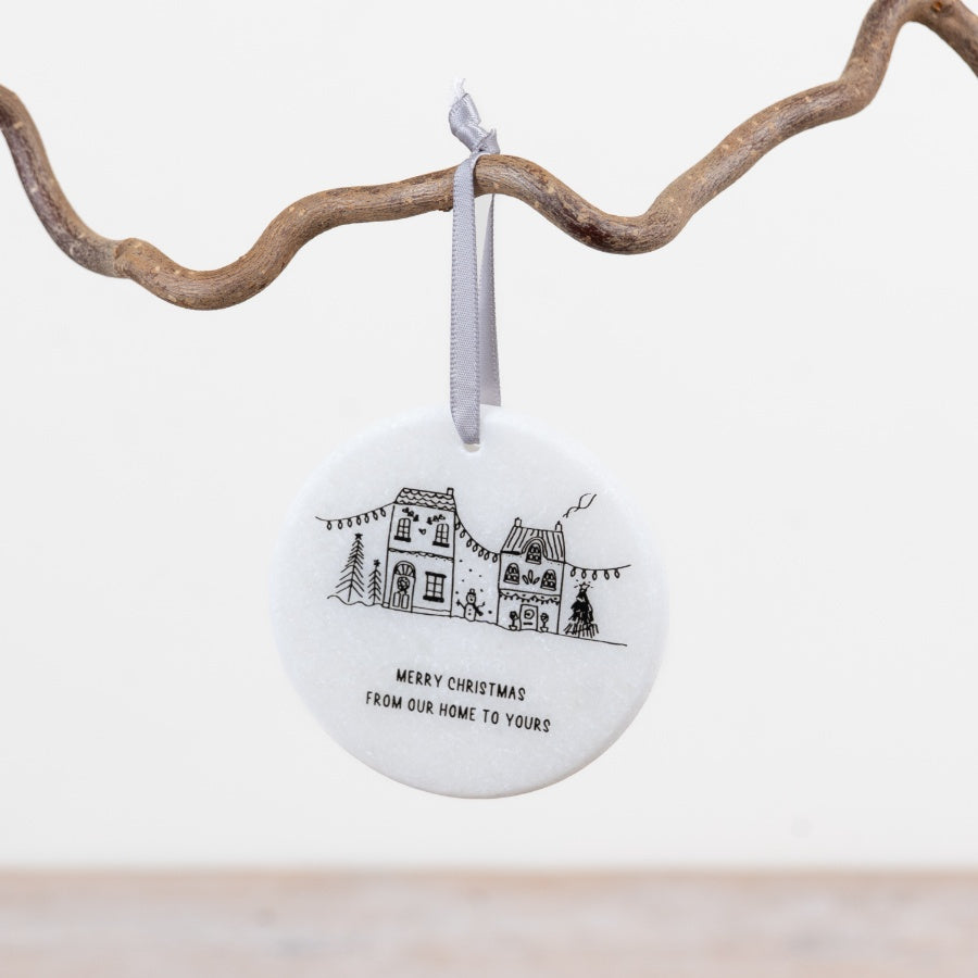 From Our Home To Yours Marble Hanging Decoration 7cm – White Marble Christmas Ornament Festive Keepsake Gift