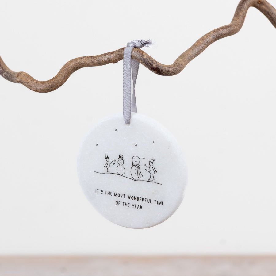 Most Wonderful Time of the Year Marble Hanging Decoration 7cm – White Marble Christmas Ornament Festive Keepsake Gift