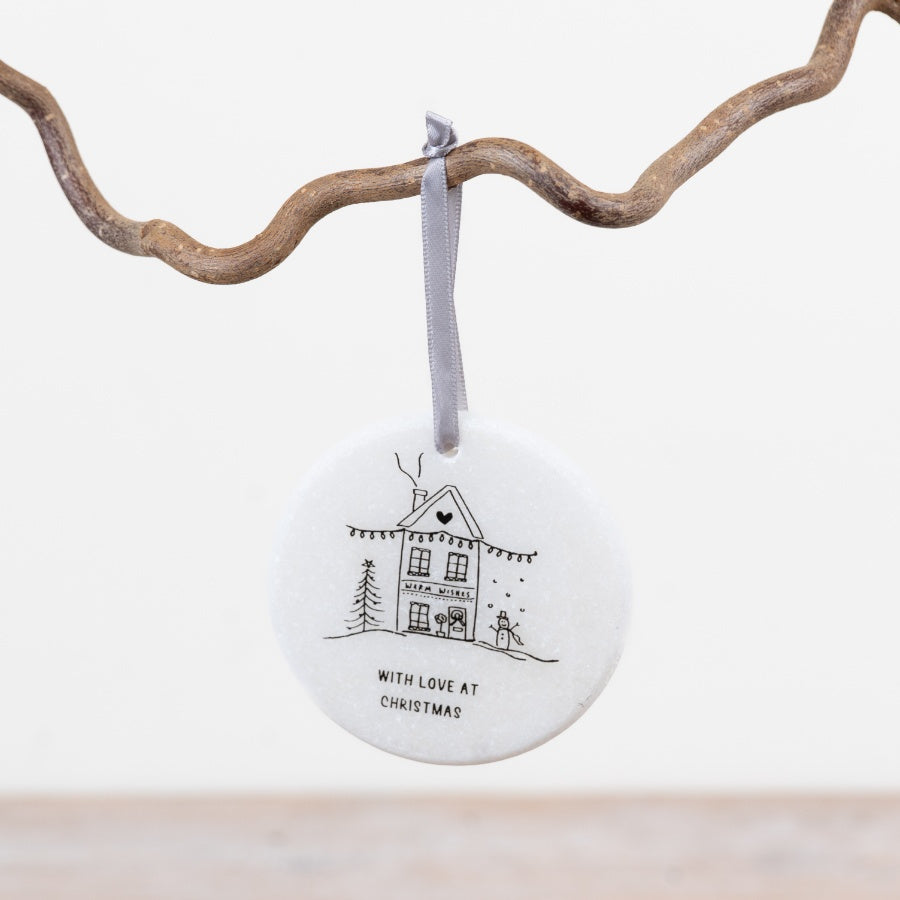 With Love at Christmas Marble Hanging Decoration 7cm – White Marble Christmas Ornament Festive Keepsake Gift