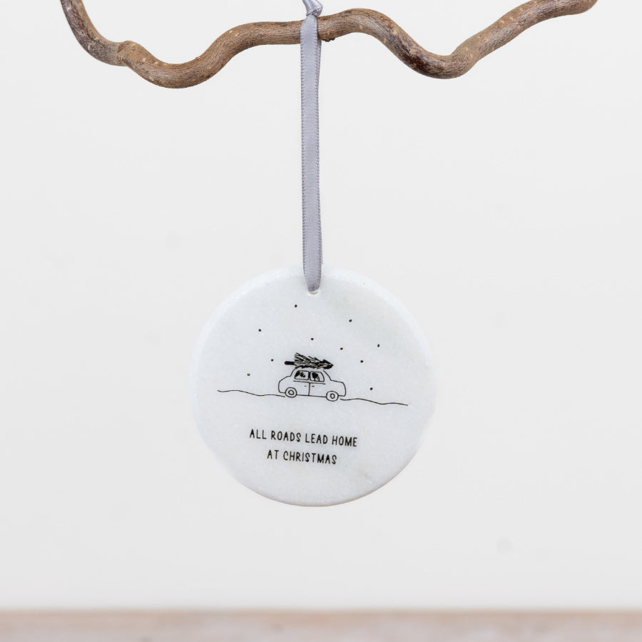 All Roads Lead Home Marble Hanging Decoration 7cm – White Marble Christmas Ornament Festive Keepsake Gift
