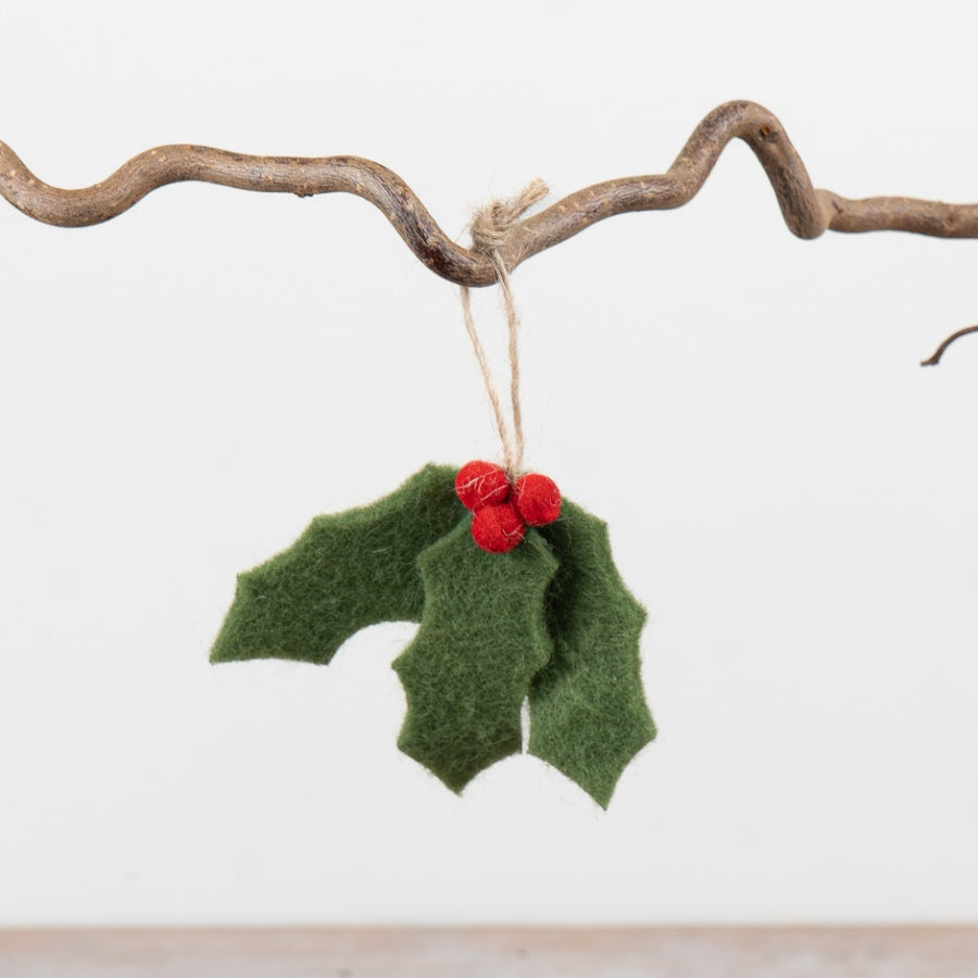 Christmas Holly Hanging Decoration Felt Holly Ornament Red Pom Pom Berries Jute Hanging Loop Festive Décor 7cm Item #81648
