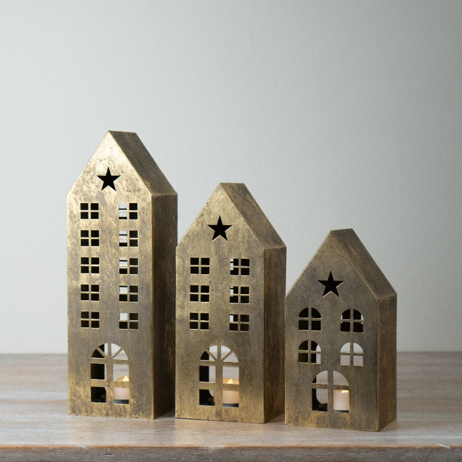 Gold Metal Tealight House Lantern Decorative Christmas T-Light Holder Festive Home Décor 31cm