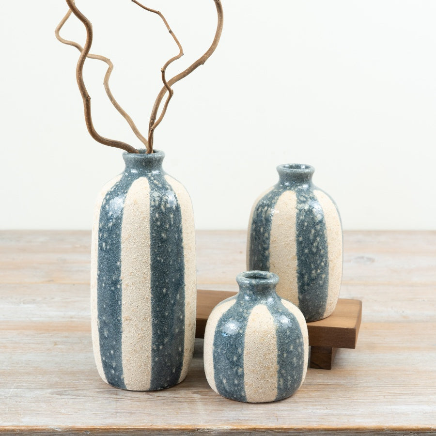 Blue White Striped Coastal Vase 10.5cm – Ceramic Flower Vase Decorative Seaside Home Decor Accent