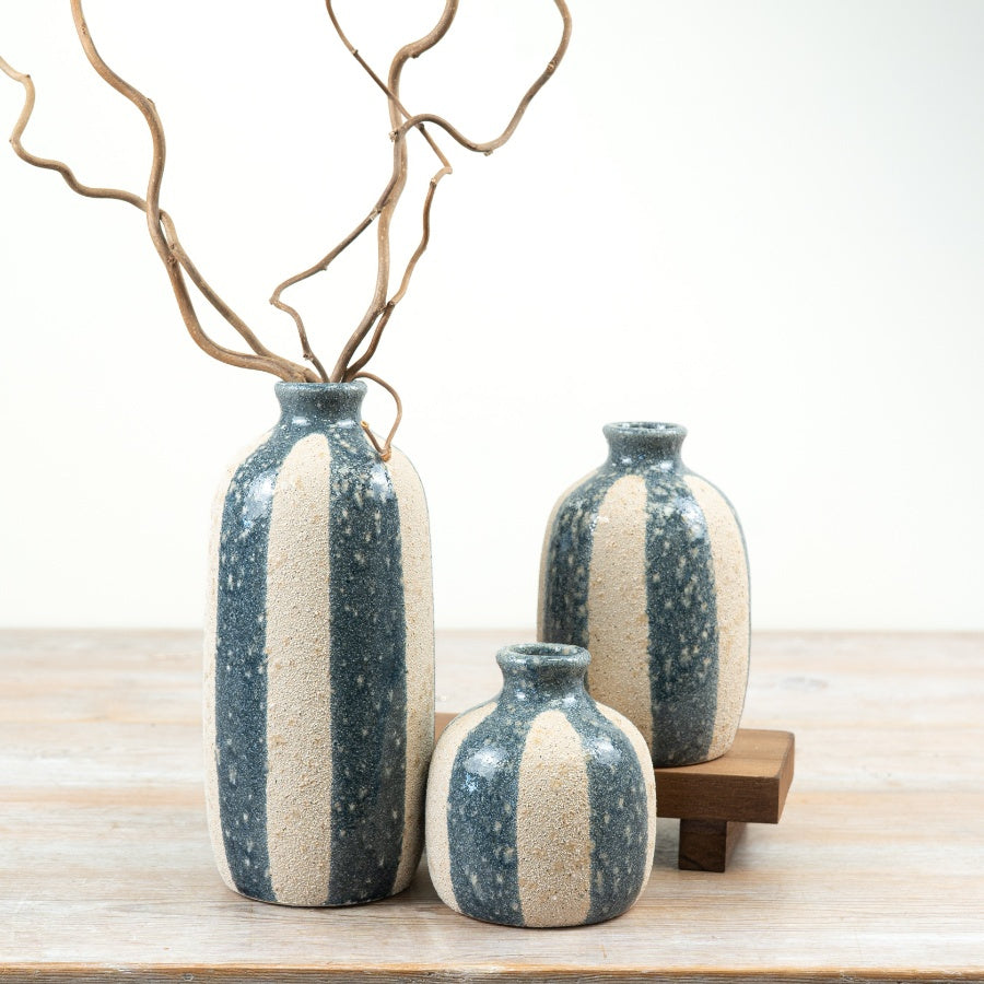 Blue Striped Vase 14.5cm – Coastal Ceramic Flower Vase Decorative Home Decor Seaside Style Accent