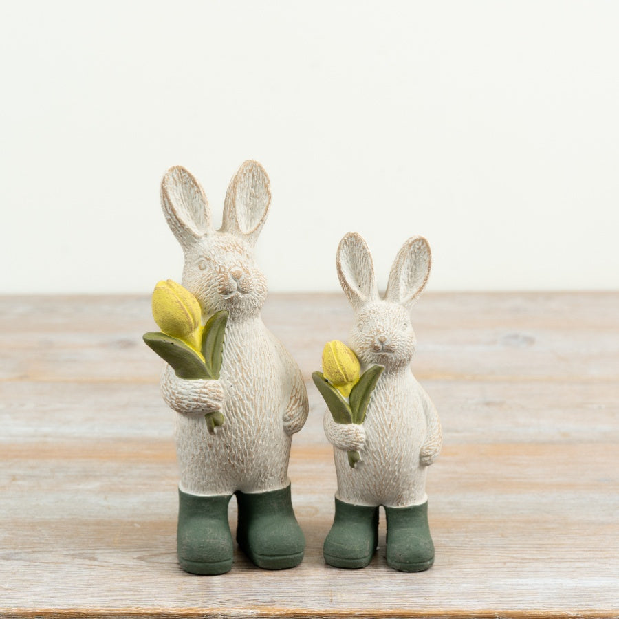Rabbit with Tulip Ornament Standing Rabbit Decoration Pink Tulip Yellow Rain Boots Spring Home Décor 18x7x6.5cm Item #83166
