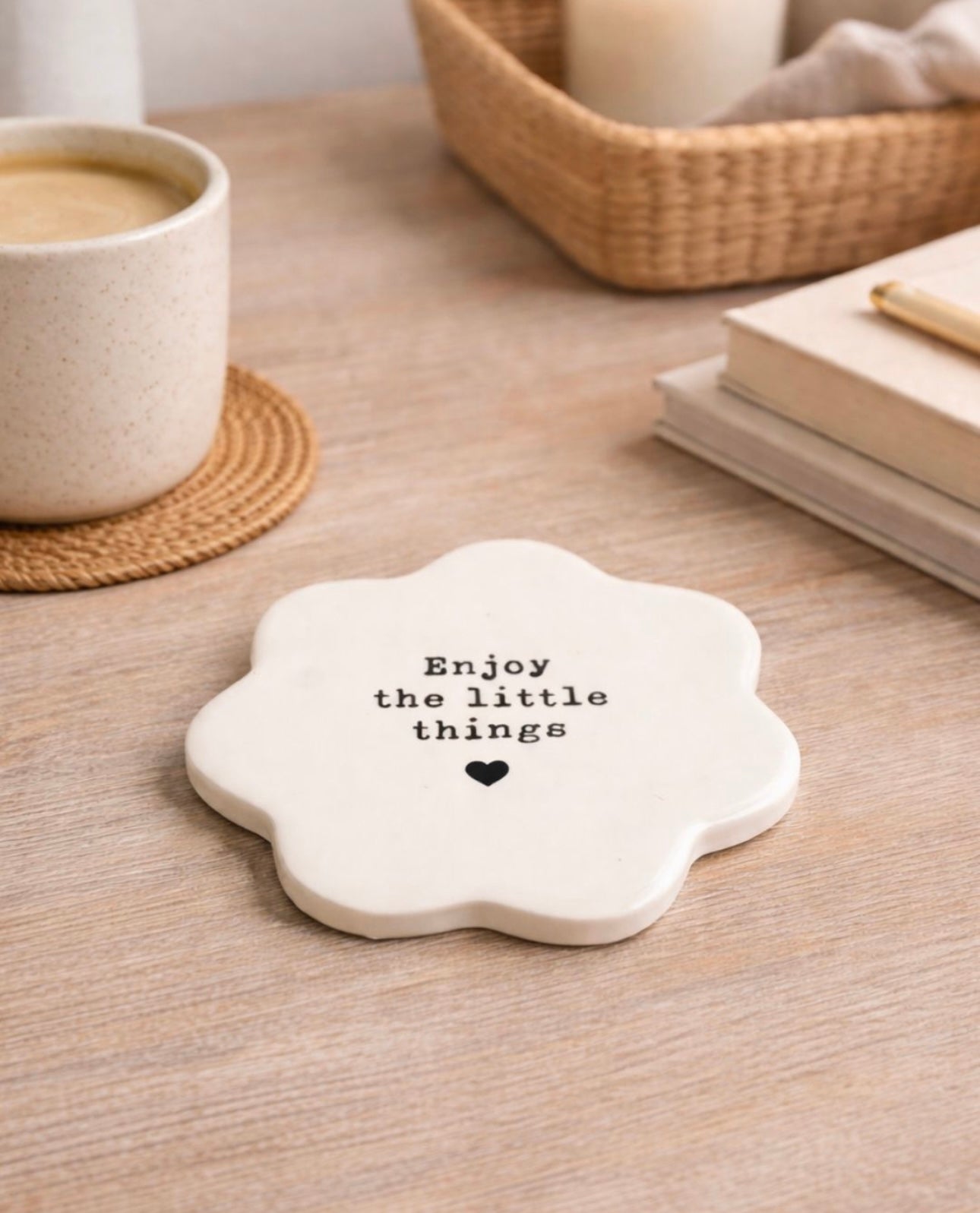 Enjoy the Little Things Flower Coaster 10cm – Inspirational Quote Drink Mat Floral Table Decor Gift for Home
