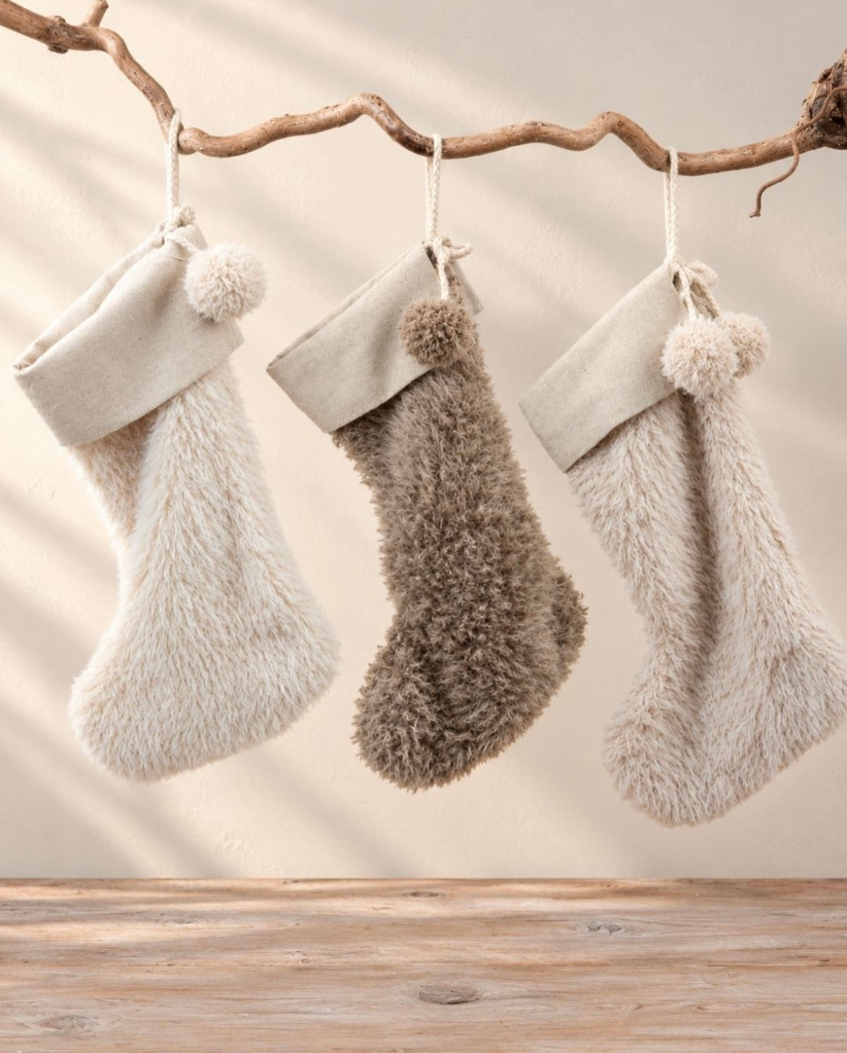 Fluffy Christmas Stockings Polyester Stocking Decorations Cream Brown Hanging Festive Home Décor 37x22cm Item #79557