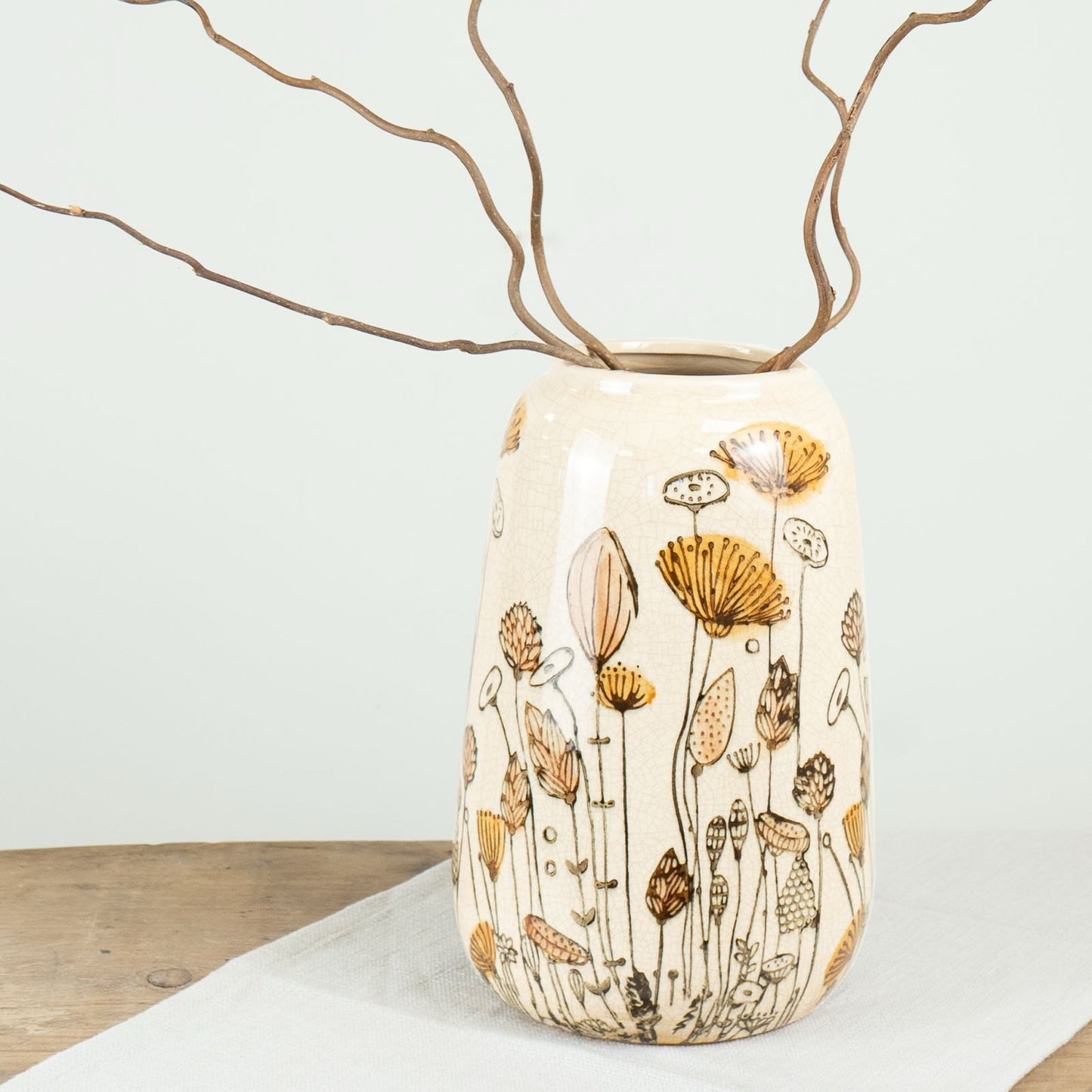 Flower Design Ceramic Vase 25.5cm – White & Orange Floral Glazed Vase for Home Décor