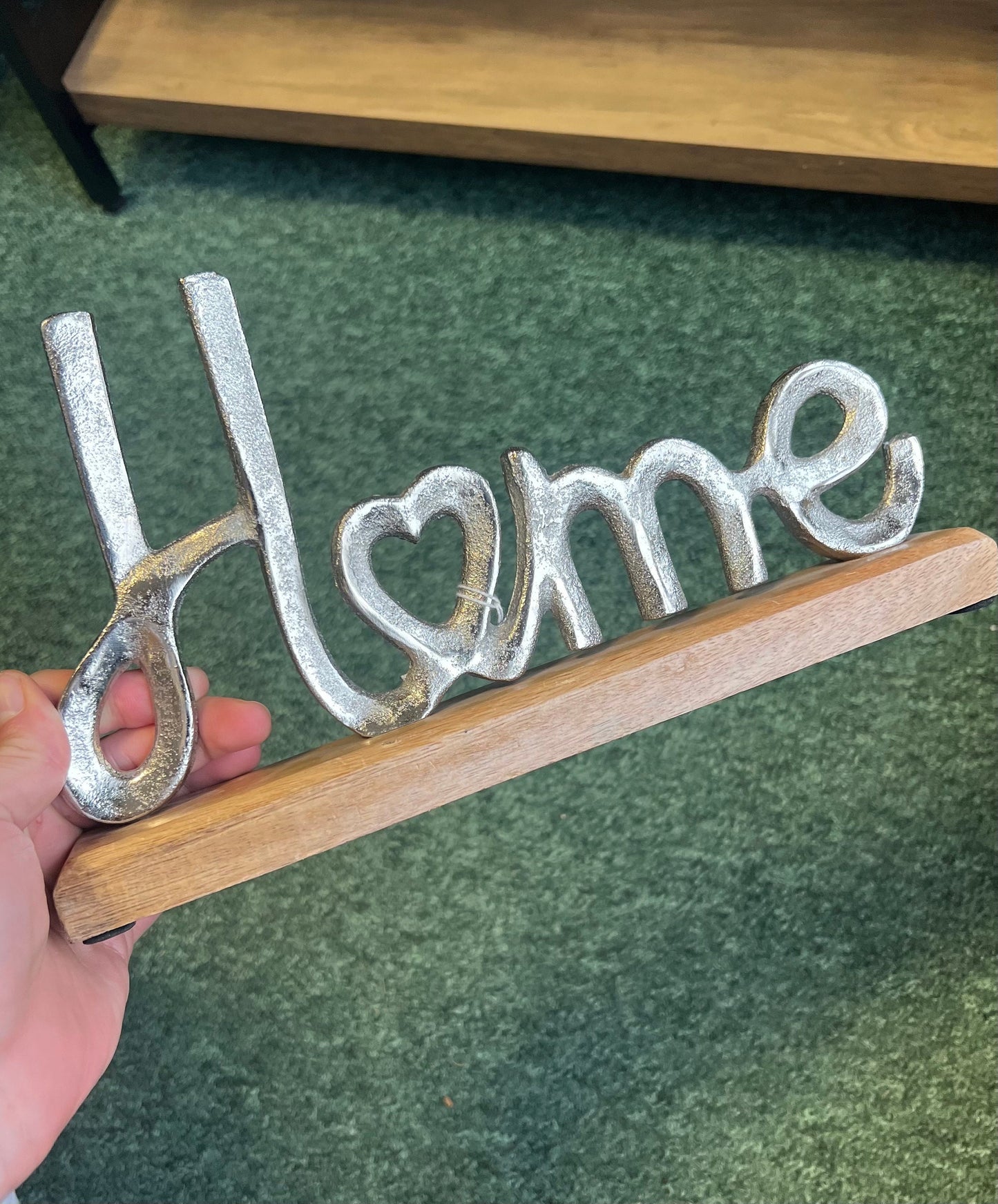 Silver Aluminium HOME Letters on Wooden Bae 30cm, 12inch Home Decor Ornament