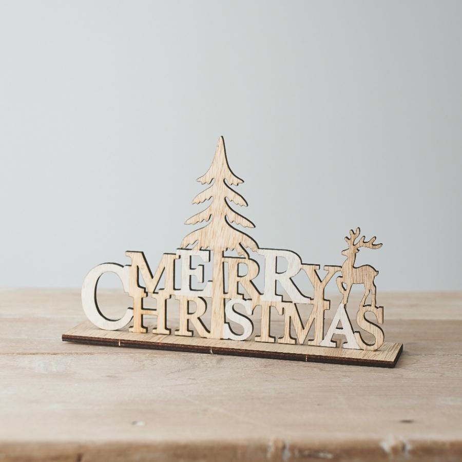Natural Wood Christmas Plaque 22.5cm – Woodland Reindeer Rustic Festive Wall Décor