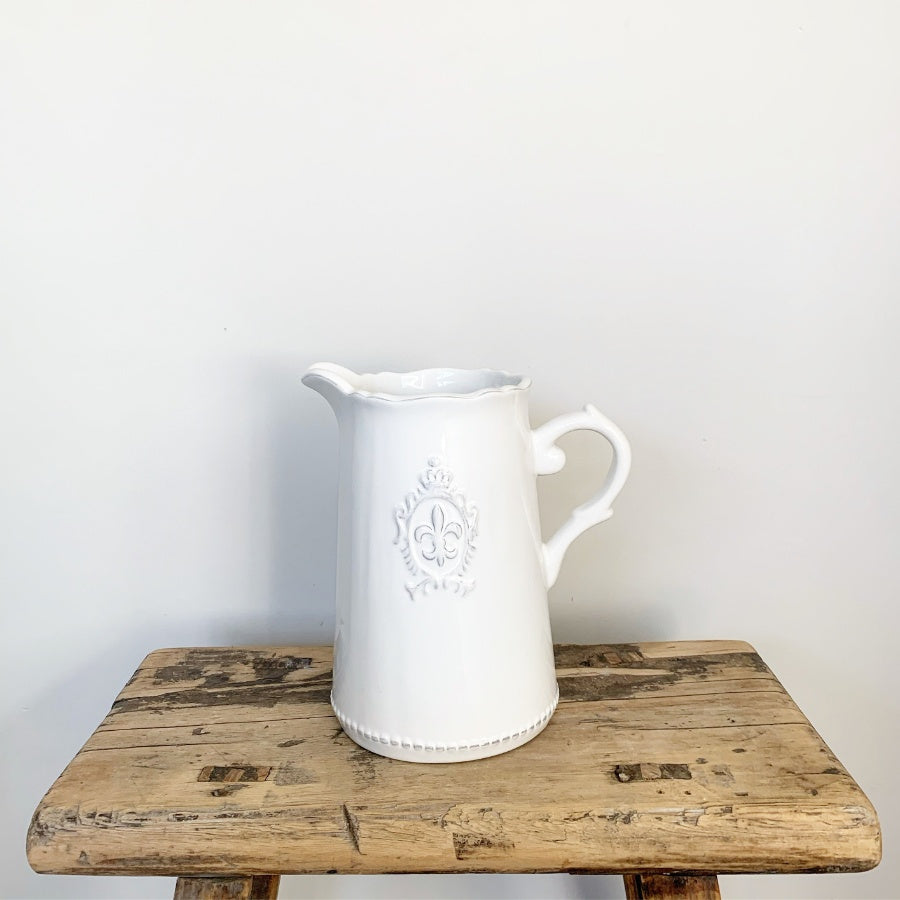 Ceramic White Fleur De Lis Jug 18cm – Decorative Pitcher Vase French Style Farmhouse Home Decor