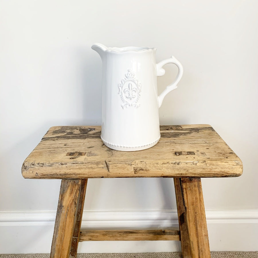 Ceramic White Fleur De Lis Jug 18cm – Decorative Pitcher Vase French Style Farmhouse Home Decor
