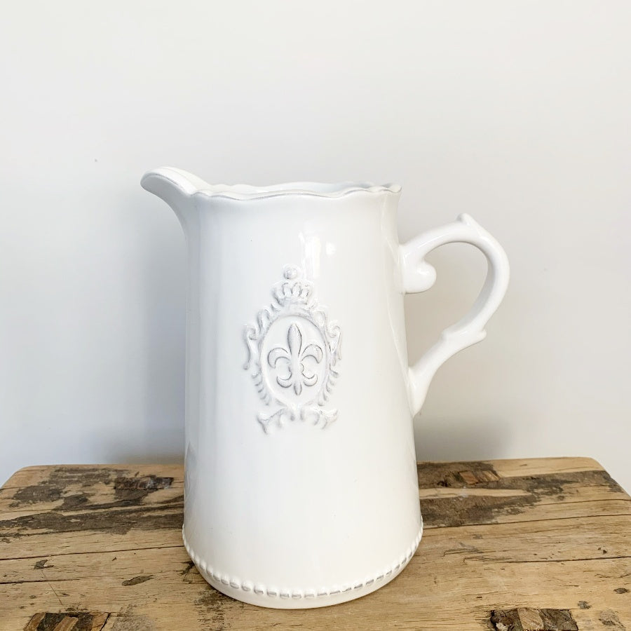 Ceramic White Fleur De Lis Jug 18cm – Decorative Pitcher Vase French Style Farmhouse Home Decor