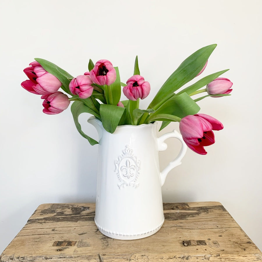 Ceramic White Fleur De Lis Jug 18cm – Decorative Pitcher Vase French Style Farmhouse Home Decor