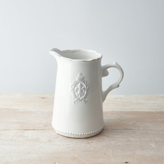 Ceramic White Fleur De Lis Jug 18cm – Decorative Pitcher Vase French Style Farmhouse Home Decor