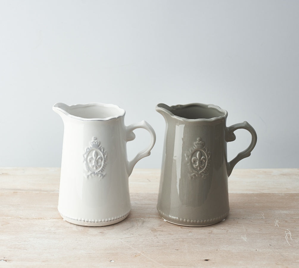 Ceramic White Fleur De Lis Jug 18cm – Decorative Pitcher Vase French Style Farmhouse Home Decor