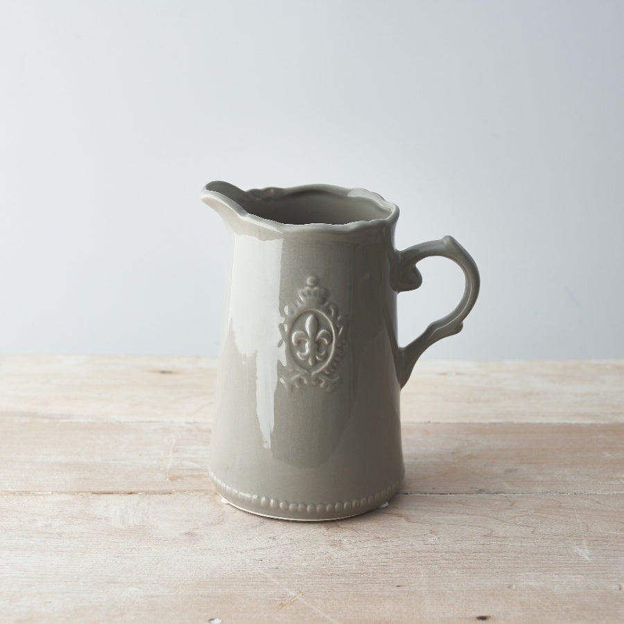 Grey Fleur De Lis Jug Vase 18cm – Distressed Ceramic Pitcher French Country Farmhouse Home Decor
