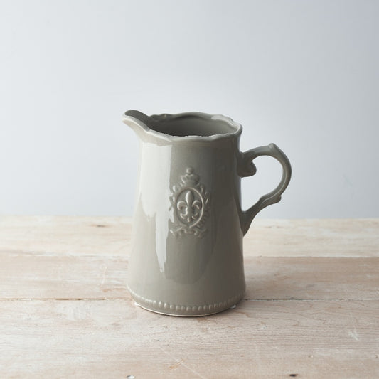 Grey Fleur De Lis Jug Vase 18cm – Distressed Ceramic Pitcher French Country Farmhouse Home Decor