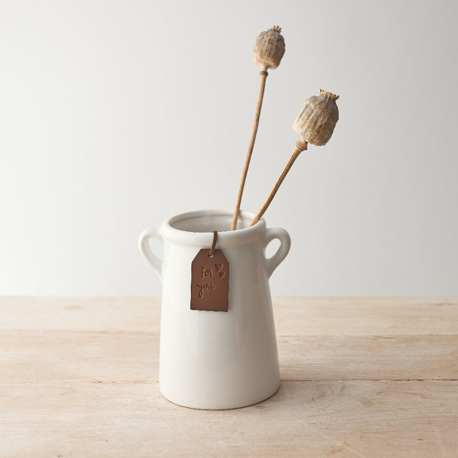 White Ceramic Vase with Handles 14cm – “For You” Gift Vase with Leather Tag, Elegant Decorative Home Accent