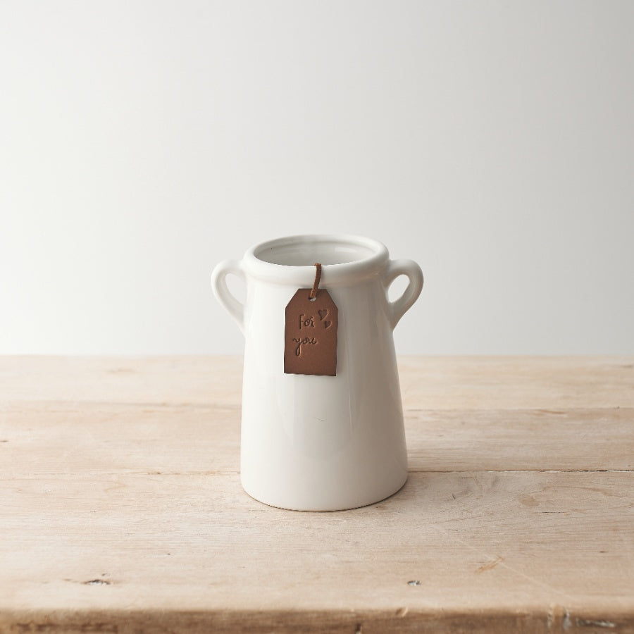 White Ceramic Vase with Handles 14cm – “For You” Gift Vase with Leather Tag, Elegant Decorative Home Accent