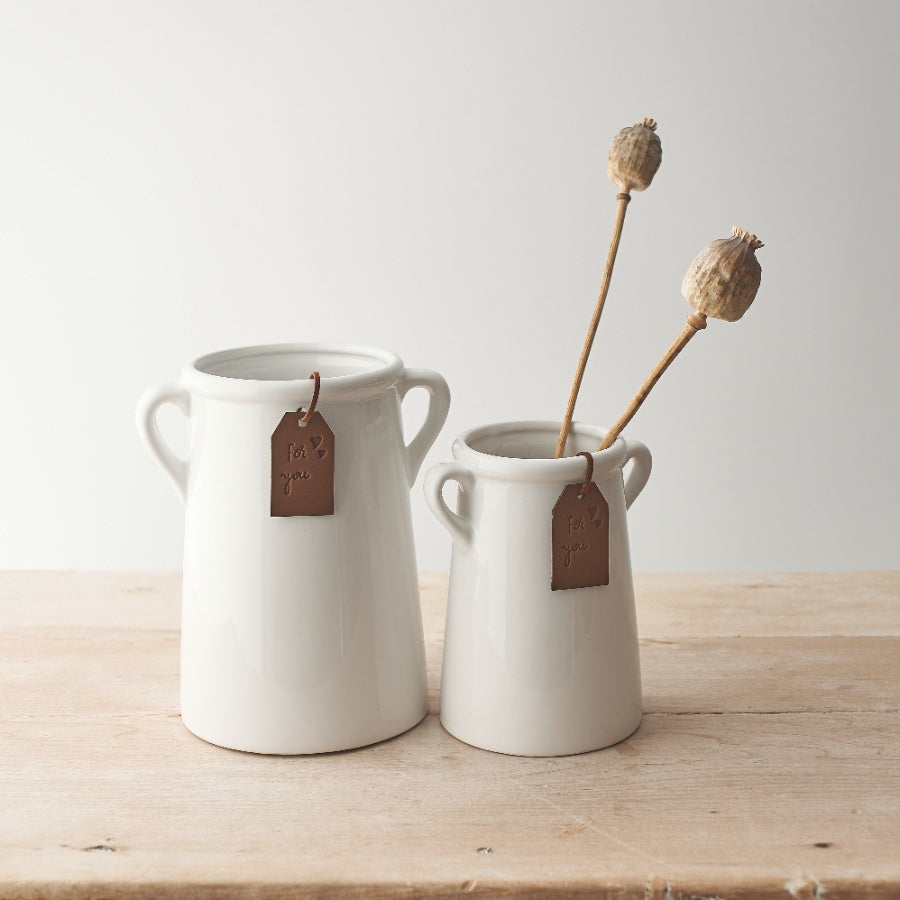 Classic White Ceramic Vase - "For You" Vase with Eared Handles - 18cm