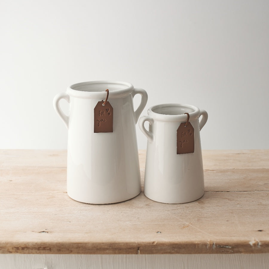 Classic White Ceramic Vase - "For You" Vase with Eared Handles - 18cm