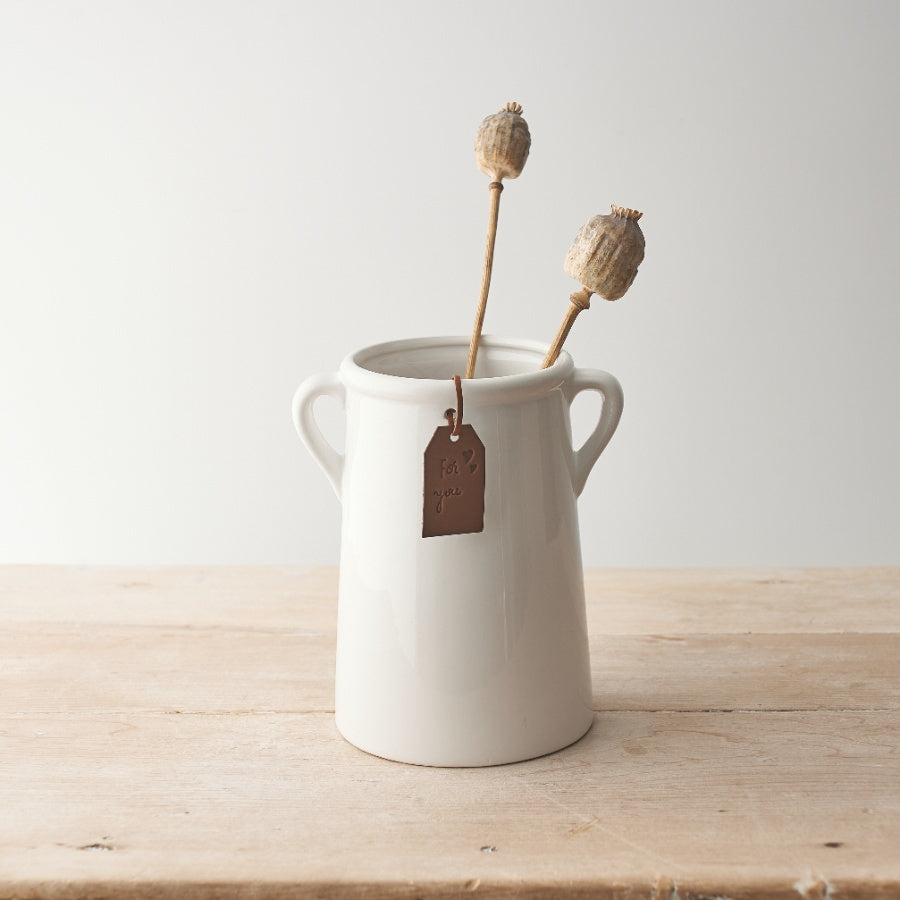 Classic White Ceramic Vase - "For You" Vase with Eared Handles - 18cm
