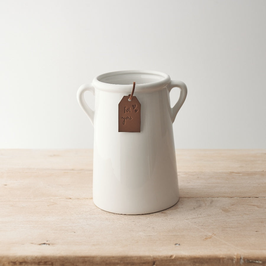 Classic White Ceramic Vase - "For You" Vase with Eared Handles - 18cm