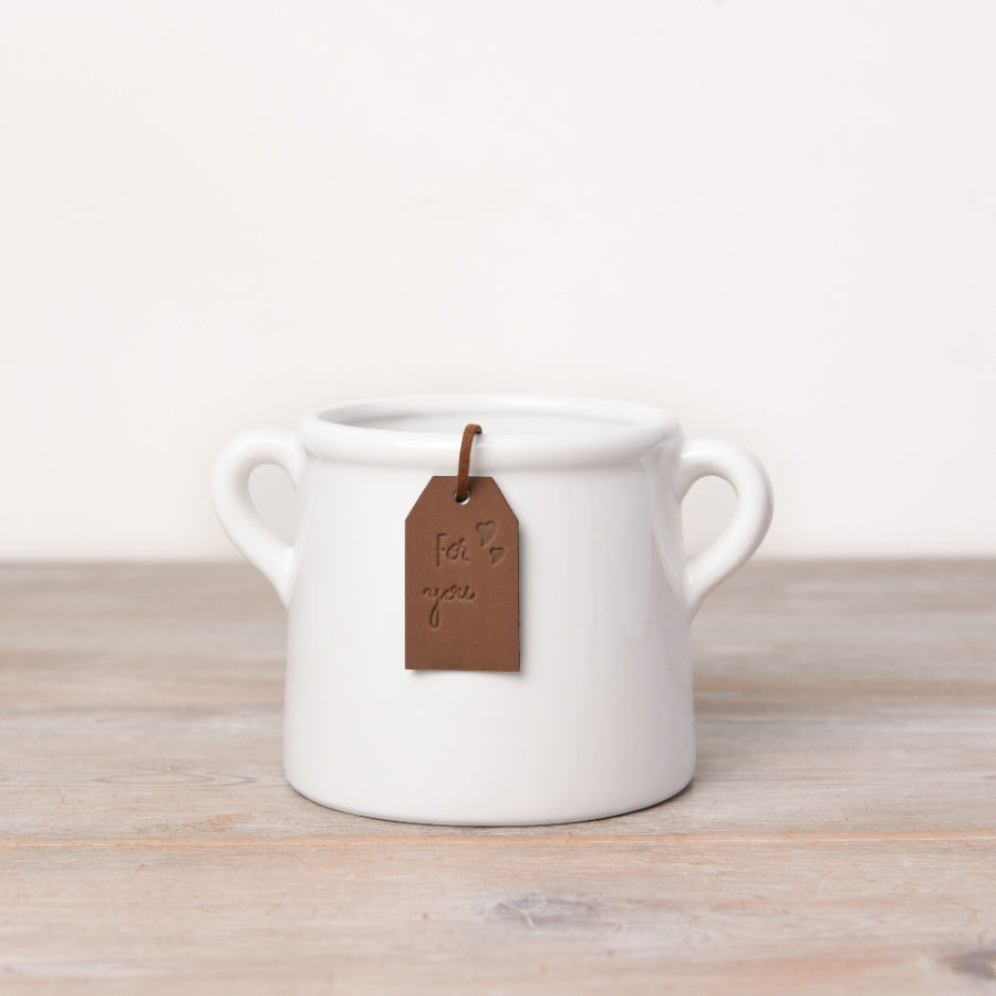 White “For You” Ceramic Pot – 10cm Stylish Plant Holder with PU Leather Tag