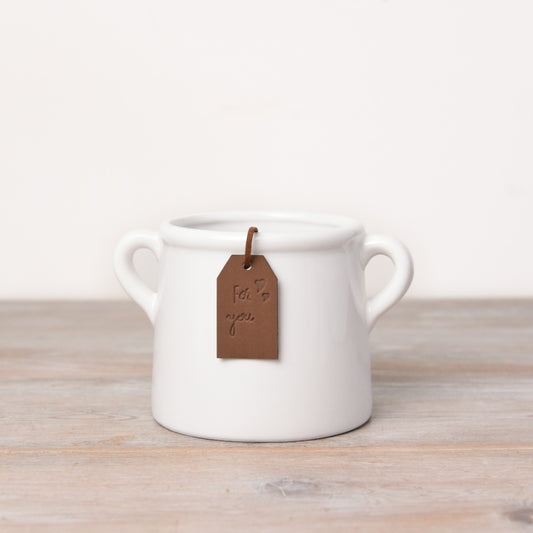 White “For You” Ceramic Pot – 10cm Stylish Plant Holder with PU Leather Tag