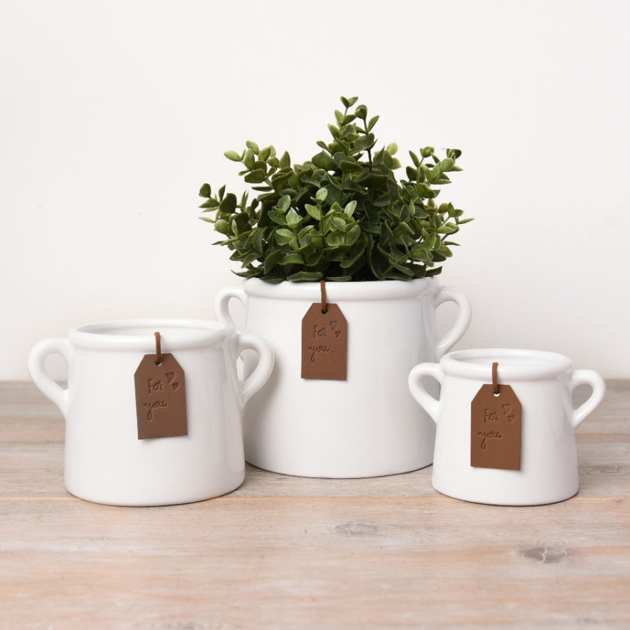White “For You” Ceramic Pot – 10cm Stylish Plant Holder with PU Leather Tag