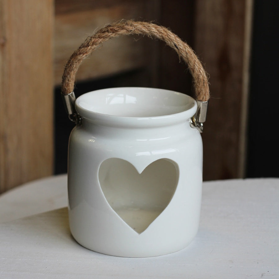 White Heart Tealight Holder 10cm – Chunky Rope Hanging Candle Decoration