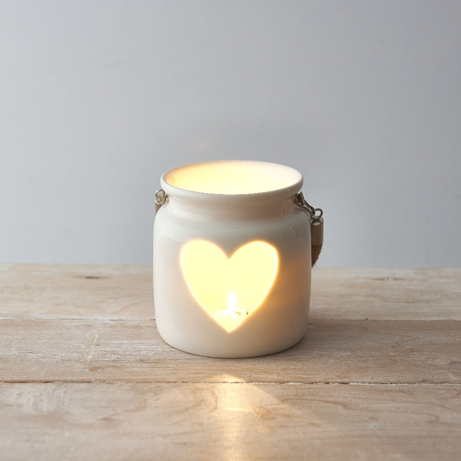 White Heart Tealight Holder 10cm – Chunky Rope Hanging Candle Decoration