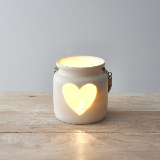 White Heart Tealight Holder 10cm – Chunky Rope Hanging Candle Decoration