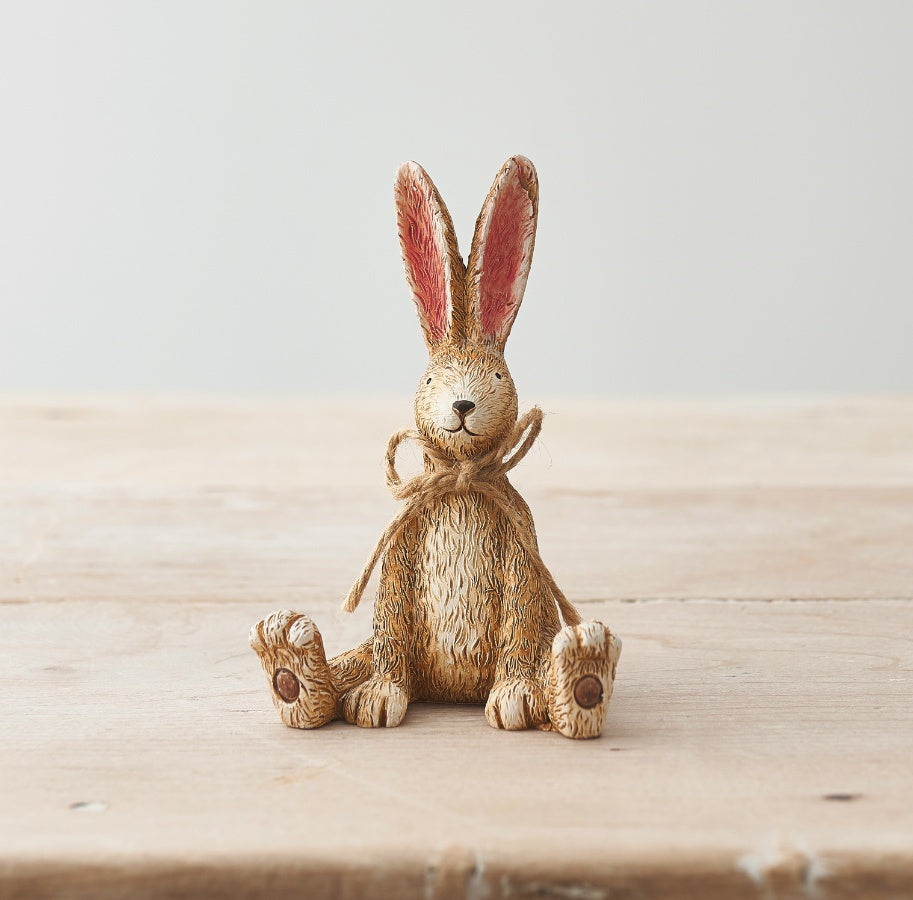 Jasper Rabbit Bow Figurine, 12cm Sitting Bunny Ornament with Jute Bow
