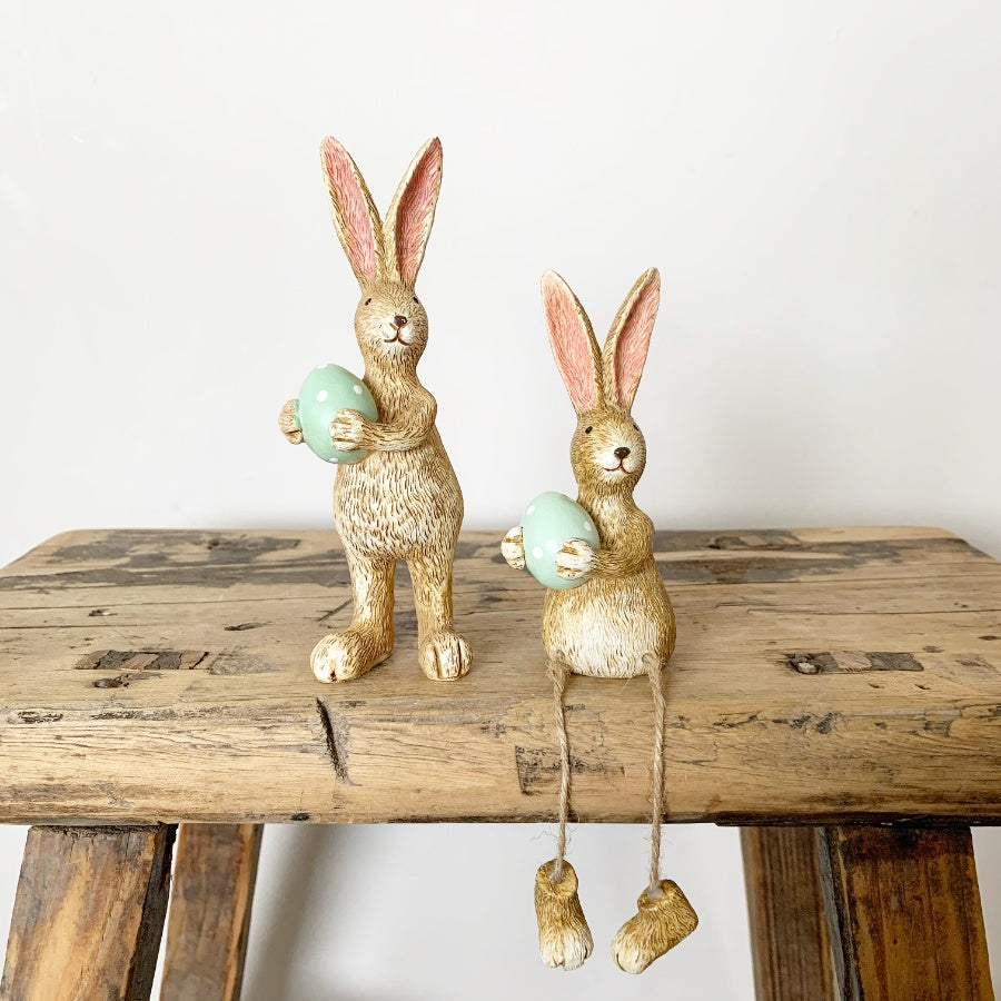 Jasper Rabbit with Green Egg 14cm – Pastel Bunny Figurine, Easter Decoration, Spring Home Styling Accent