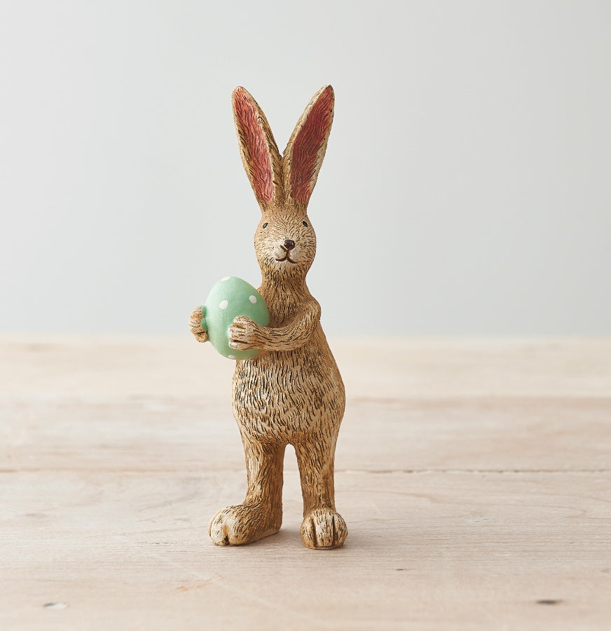 Jasper Rabbit with Green Egg 14cm – Pastel Bunny Figurine, Easter Decoration, Spring Home Styling Accent