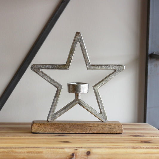 Star T Light. Gorgeous Pitted Aluminium Star T-Light Holder 25cm high