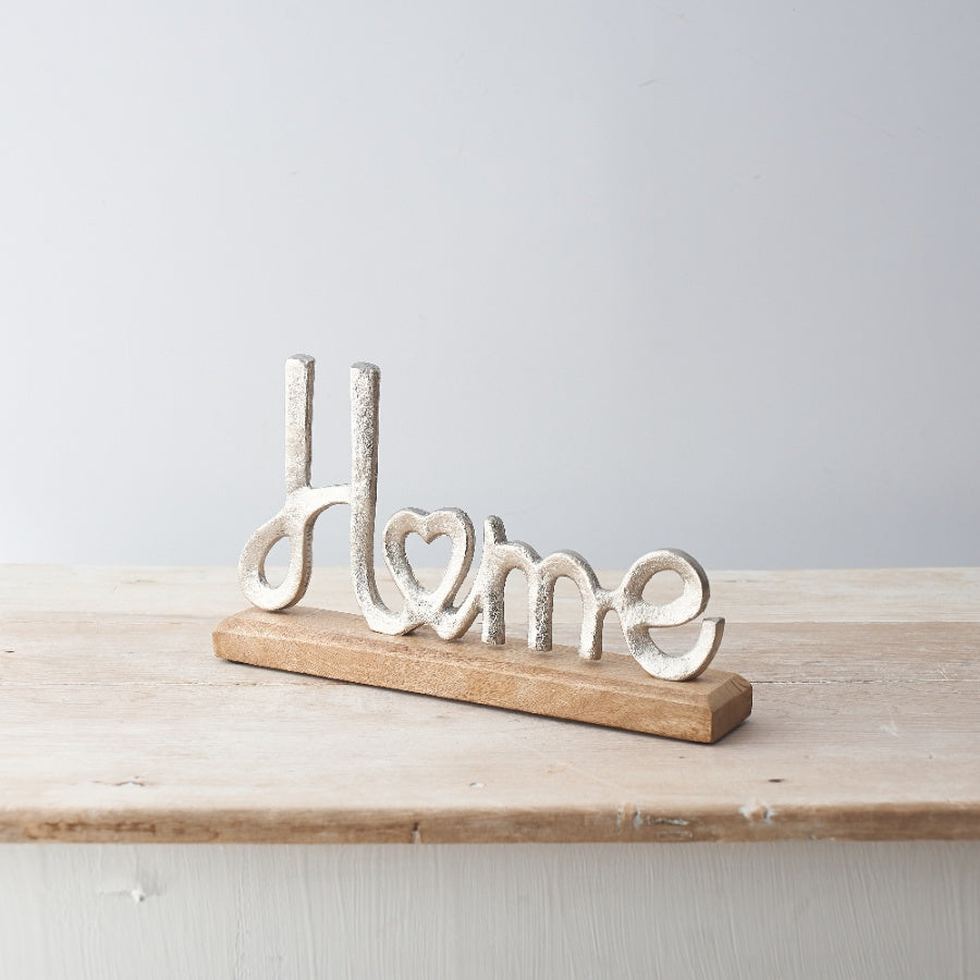 Silver Aluminium HOME Letters on Wooden Bae 30cm, 12inch Home Decor Ornament